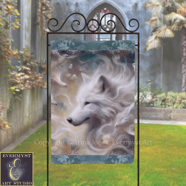 a large white wolf with flowing, wavy fur, set against a backdrop of a stone wall and lush greenery.