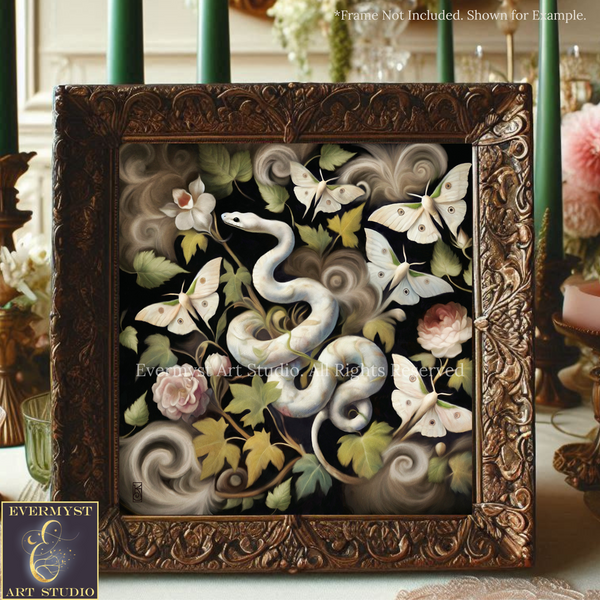 a picture frame with a painting of a snake and flowers