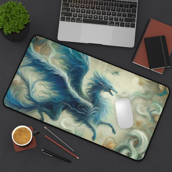 a computer mouse resting on a mouse pad with a vibrant, artistic design depicting a blue dragon-like creature. The mouse pad is placed on a desk alongside a laptop, a notebook, and a cup of coffee.