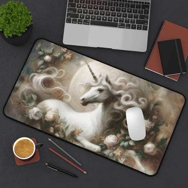 a computer mouse on a mouse pad with a painting of a unicorn, along with a laptop, a notebook, and a cup of coffee.