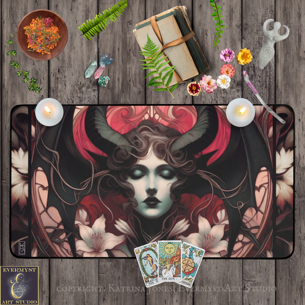 a detailed illustration of a woman's face with horns, surrounded by flowers and other decorative elements. The artwork is displayed on a wooden surface, with various objects such as candles, books, and crystals scattered around it.