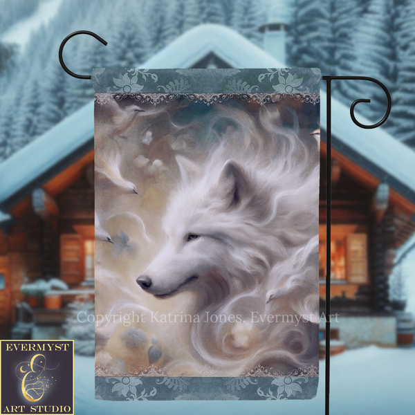 A digital art piece featuring a white wolf's face surrounded by swirling smoke or mist, set against a snowy landscape with a cabin in the background.