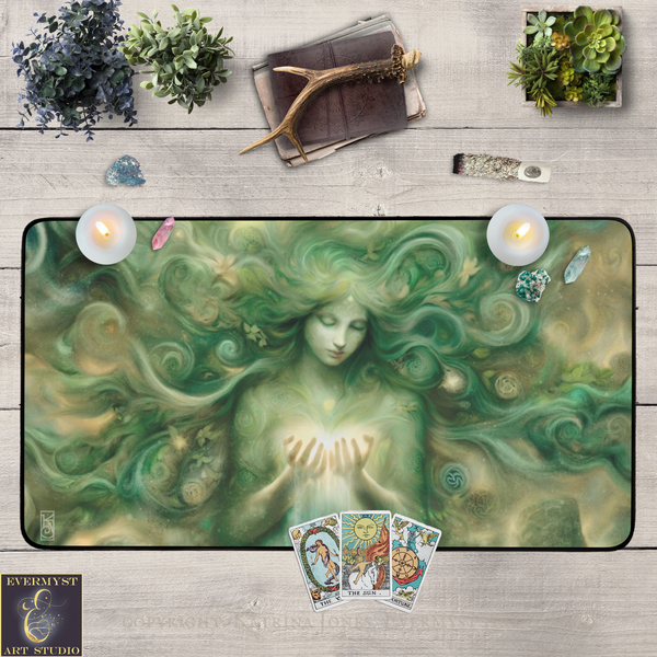a mystical, green-hued female figure with flowing hair, surrounded by various objects such as candles, plants, and tarot cards, all arranged on a wooden surface.