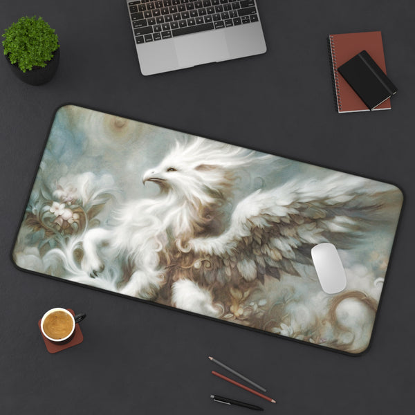 a large mouse pad with a painting of a white bird with outstretched wings, surrounded by swirling clouds and flowers. The mouse pad is placed on a desk with various items such as a laptop, a notebook, a cup, and a pen.
