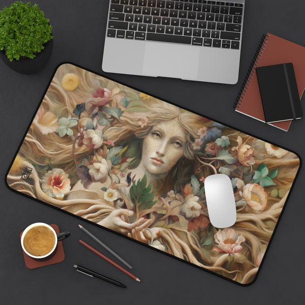 a computer mouse on a mouse pad with a painting of a woman's face surrounded by flowers and leaves. There is a laptop, a keyboard, a coffee cup, and some books on the desk.