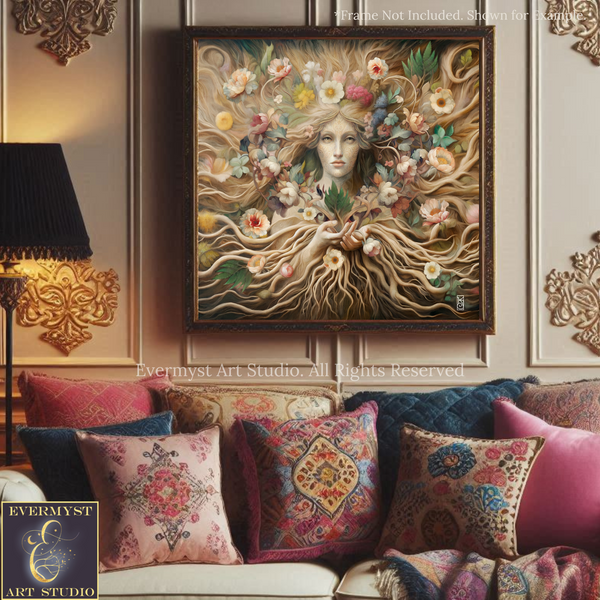 a living room with a couch and a painting on the wall