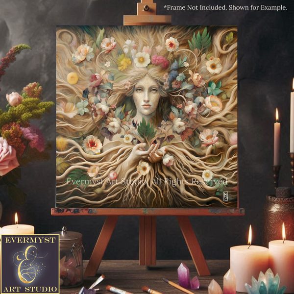 a painting of a woman surrounded by flowers
