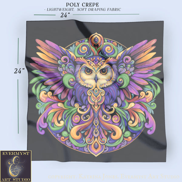 The image is a vibrant and intricate design featuring a colorful owl with wings spread wide, surrounded by swirling patterns and designs in shades of purple, green, and orange. The owl is the central focus of the image, with the background appearing to be a solid black color. The image is described as a "24" by "24" square, suggesting it is a square-shaped design.