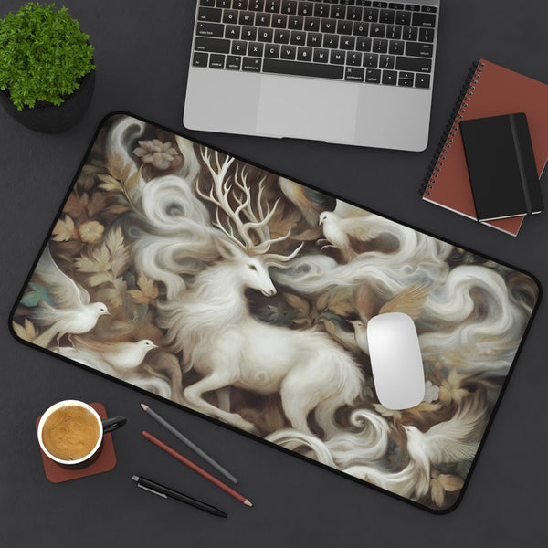 a computer mouse on a mouse pad with a painting of a white unicorn surrounded by birds and leaves.