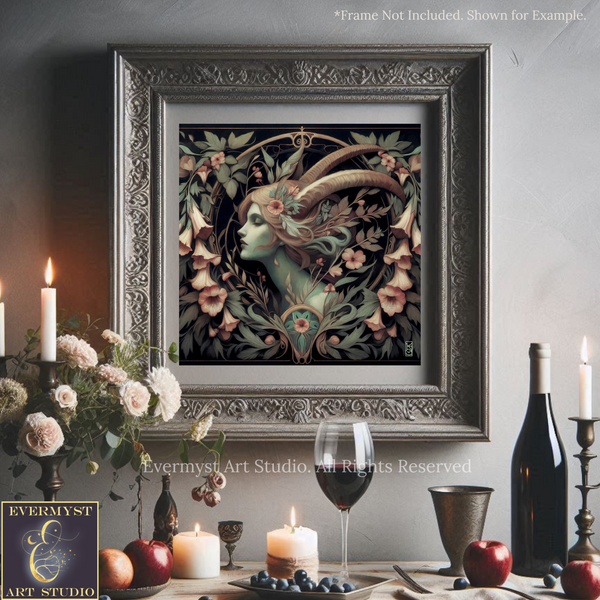 a framed artwork of a woman with horns, surrounded by floral designs, placed on a table with various objects such as candles, wine glasses, and apples.