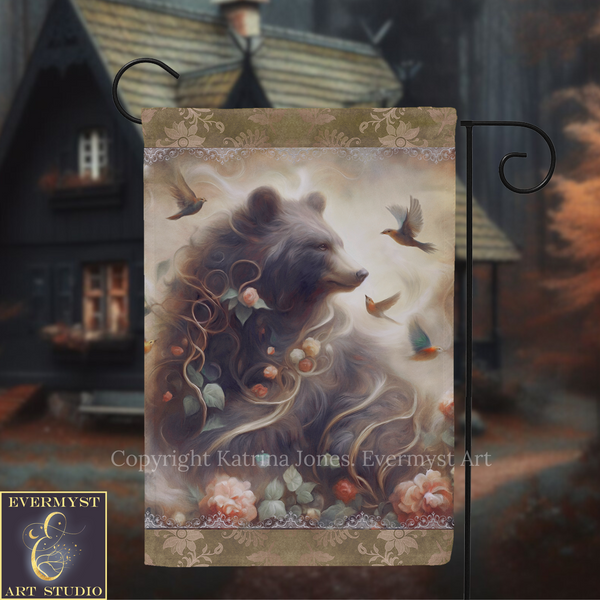 A banner featuring a large, detailed illustration of a bear surrounded by flowers and birds in a fantastical, dreamlike landscape.