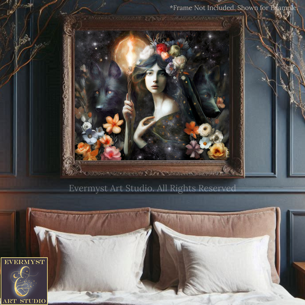 a large framed painting of a woman surrounded by a floral and celestial theme, with a wolf and a moon in the background. The painting is displayed above a bed with white pillows.
