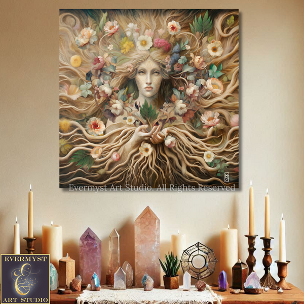 a painting of a woman surrounded by flowers