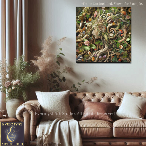 a large, colorful painting of a woman's face surrounded by a lush, natural scene, hanging on a wall above a brown leather couch.