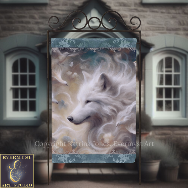 a large white wolf with flowing, ethereal hair, standing in front of a building with arched windows.
