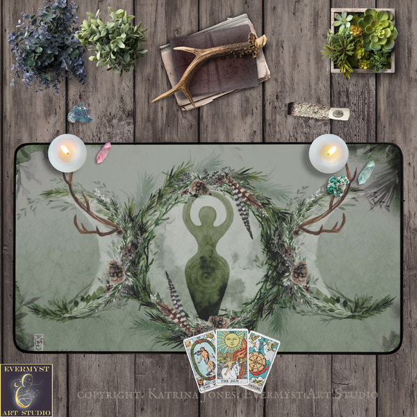 The image is a digital collage featuring various objects related to nature and spirituality, including a wreath, candles, a book, and a deck of playing cards.