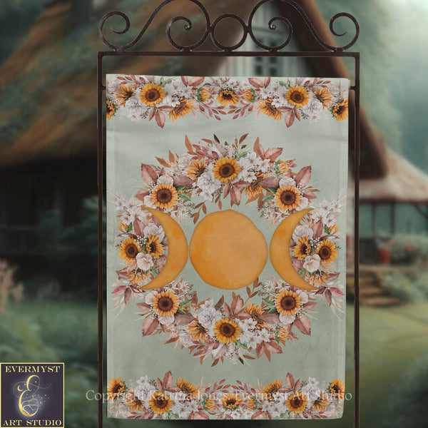 a banner with a floral design and three sunflowers, with a large yellow circle in the center.