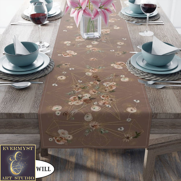 Altar Clothtable Runner - Geometric Floral Design Crystal Grid Earth Colors