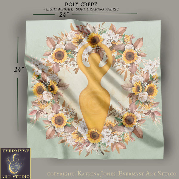 The image is a square with a large yellow figure surrounded by a wreath of flowers and leaves. The flowers include sunflowers and other colorful blooms. The background is a light green color.