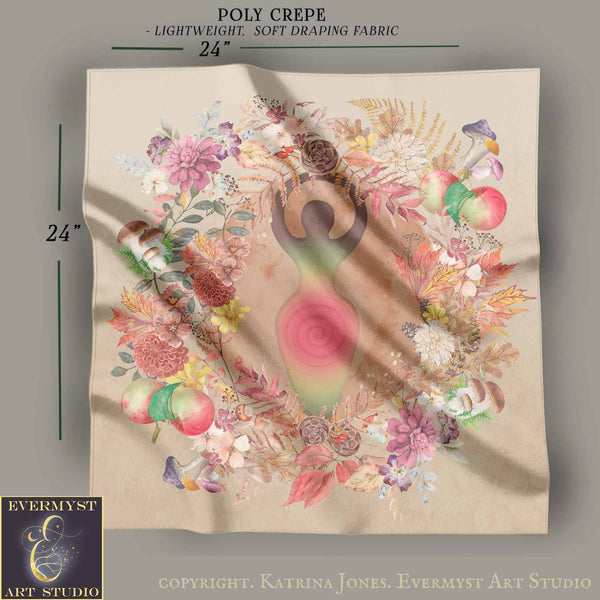 The image is a square with a vibrant floral and mushroom design, featuring a central figure surrounded by various flowers and mushrooms. The design is described as a "Poly Crepe" with a "Lightweight, Soft Draping Fabric" and a "24" width. The image is credited to "EVERMYST ART STUDIO" and includes a copyright notice by "KATRINA JONES".