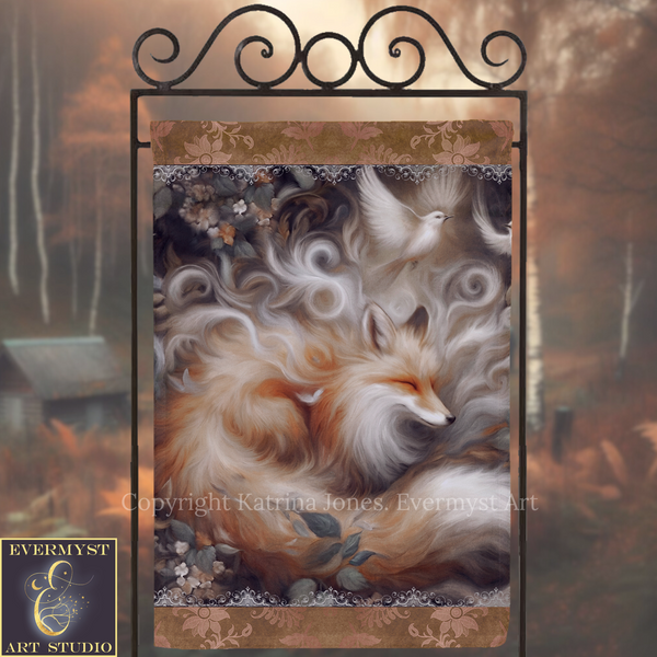 The image is a digital artwork depicting a fox with flowing white fur and a bird in flight, set against a forest background with a wrought iron frame.