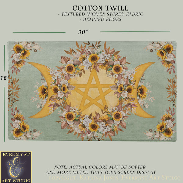 The image is a digital illustration of a textile design featuring a sunflower motif with a star and crescent symbol, surrounded by floral elements.