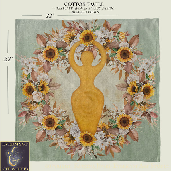 The image is a square print featuring a wreath of flowers surrounding a golden female figure, with the text "COTTON TWILL - TEXTURED WOVEN STURDY FABRIC HEMMED EDGES" and dimensions "22" and "22" on the left and right sides respectively.