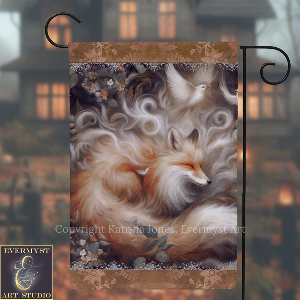 a large, detailed painting of a fox with flowing, ethereal hair, surrounded by a floral background.