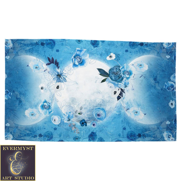 Blue Triple Moon Flowers Altar Cloth - Pagan Wicca Decoration For Tarot Readings Cotton Twill Rec