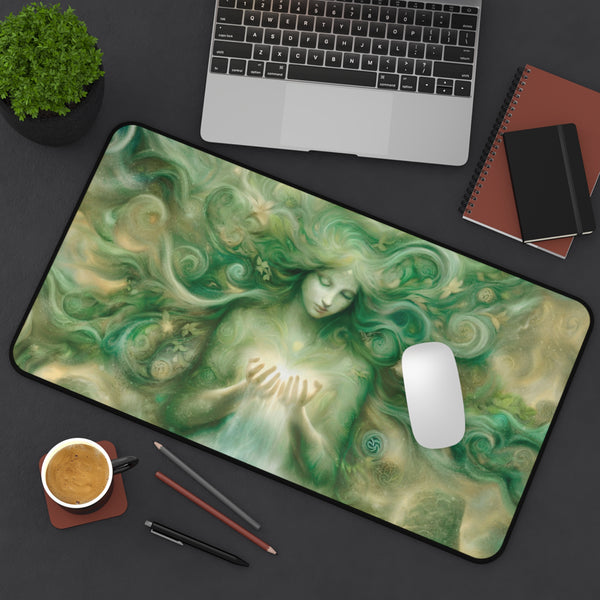 a computer mouse on a mouse pad with a painting of a woman's face surrounded by swirling green and yellow colors.