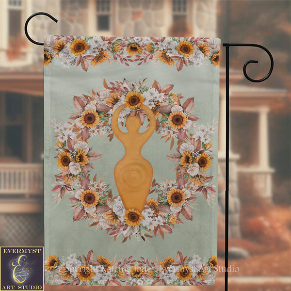a banner with a floral design and a golden figure of a woman surrounded by sunflowers.