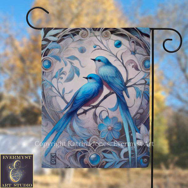 A vibrant and detailed painting of two blue birds perched on a branch, surrounded by intricate floral designs and blue accents.