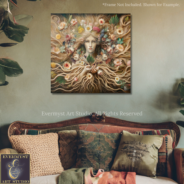 a painting of a woman's face on a wall above a couch