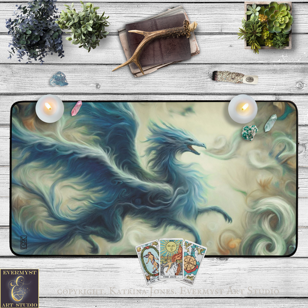 a large, colorful dragon-like creature with flowing, ethereal wings and a fierce expression, surrounded by various objects such as plants, candles, and tarot cards.