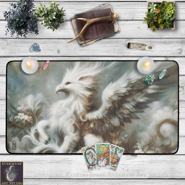 a large, detailed painting of a winged creature with flowing white feathers, surrounded by various objects such as candles, plants, and tarot cards.