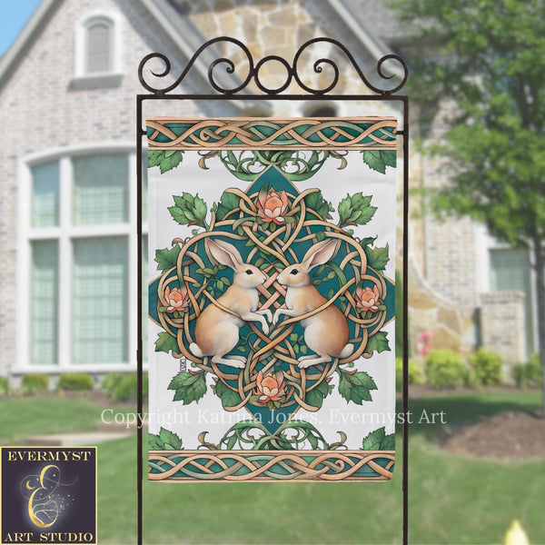 a decorative banner with a rabbit and a heart-shaped design, set against a lush green background.