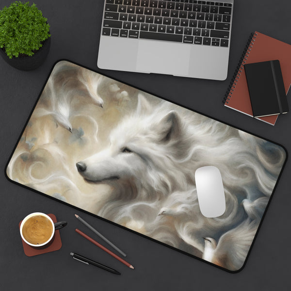 a mouse pad with a painting of a white wolf surrounded by birds, along with a laptop, a notebook, and a cup of coffee on a desk.