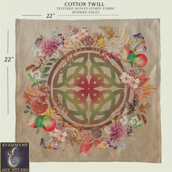 The image is a square print featuring a detailed design of a Celtic knot surrounded by various autumn-themed elements such as flowers, leaves, and mushrooms. The print is made of a textured woven stiff fabric, giving it a rustic and natural appearance. The print is 22 inches wide and 22 inches tall, providing a clear and accurate representation of the design's dimensions.