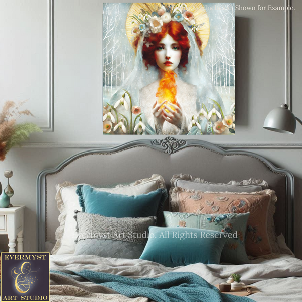 a bedroom setting with a large painting of a woman with red hair and a white veil hanging on the wall above a bed with a gray headboard.