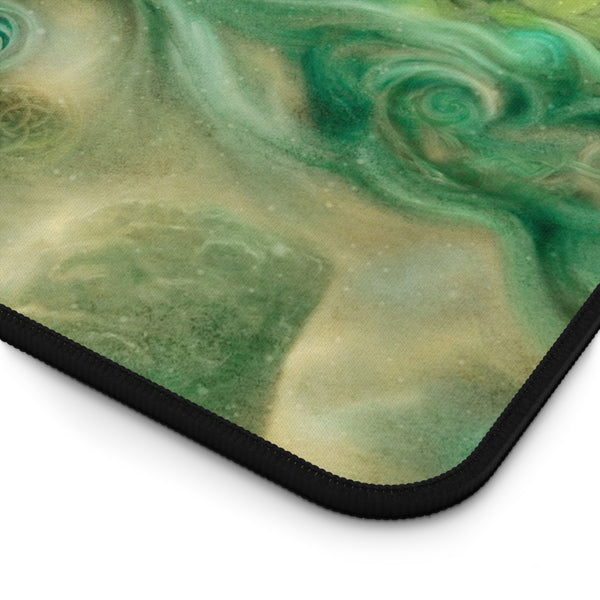 a vibrant abstract design with swirling patterns in shades of green and yellow.