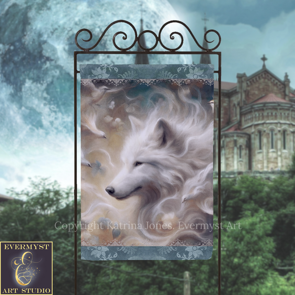 a large, white wolf with flowing, ethereal hair against a backdrop of a castle or cathedral.
