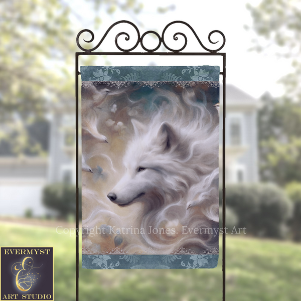a large white wolf with flowing fur, surrounded by a flock of birds, set against a blurred background of trees and a house.