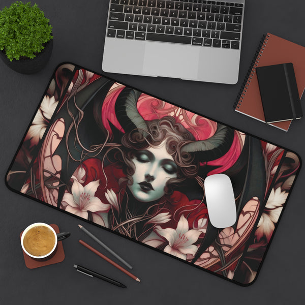 a computer mouse and a mouse pad with an artistic design depicting a woman's face surrounded by floral and horn-like elements.