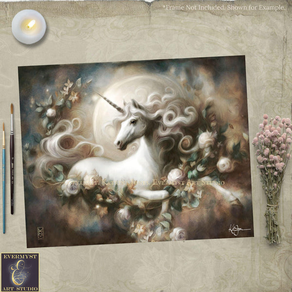 a painting of a unicorn surrounded by flowers
