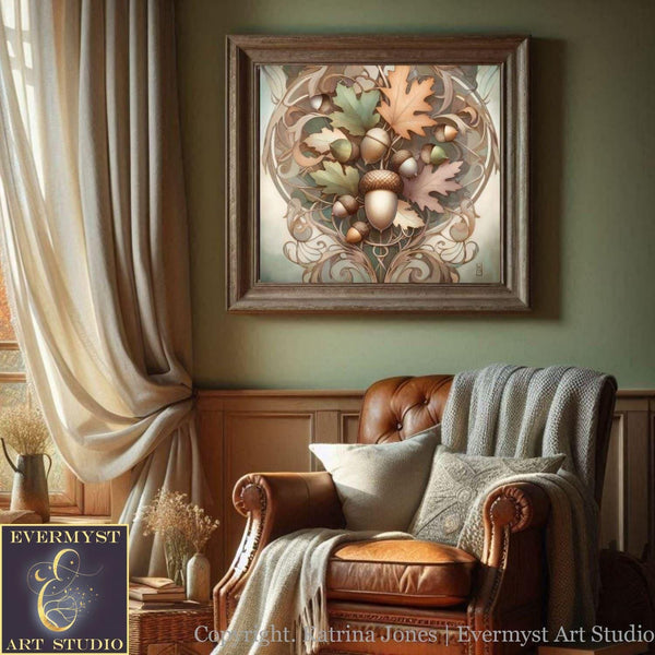 Nouveau Boho Fall Acorns Wall Art Artwork Print Decor Cottage Core Botanical Illustration