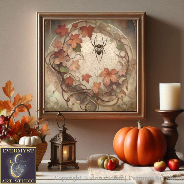 a painting of a clock surrounded by autumn decorations