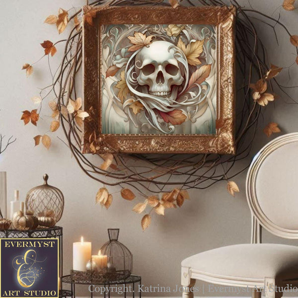 a picture of a skull hanging on a wall