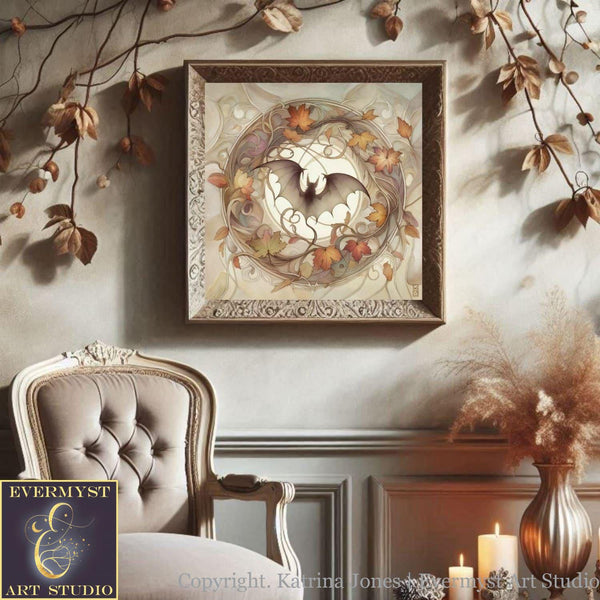 Nouveau Boho Witchy Halloween Wall Art, Fall Bat Artwork, Halloween Boho Decor, Cottage core Halloween, Halloween Wall Art