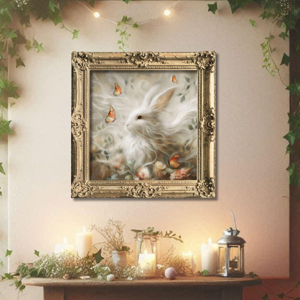 a painting of a white rabbit in a gold frame