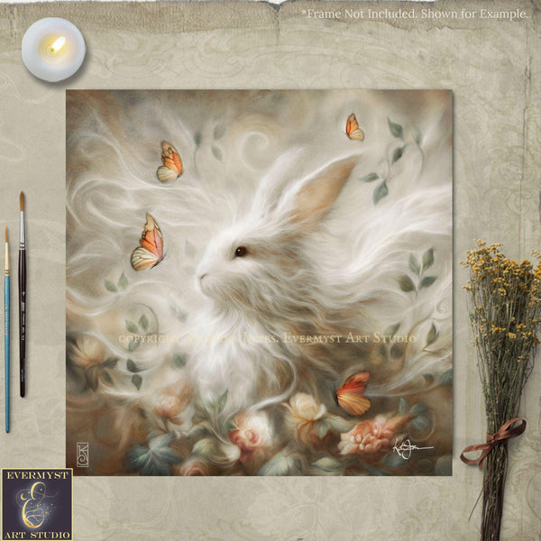 a painting of a white rabbit surrounded by butterflies